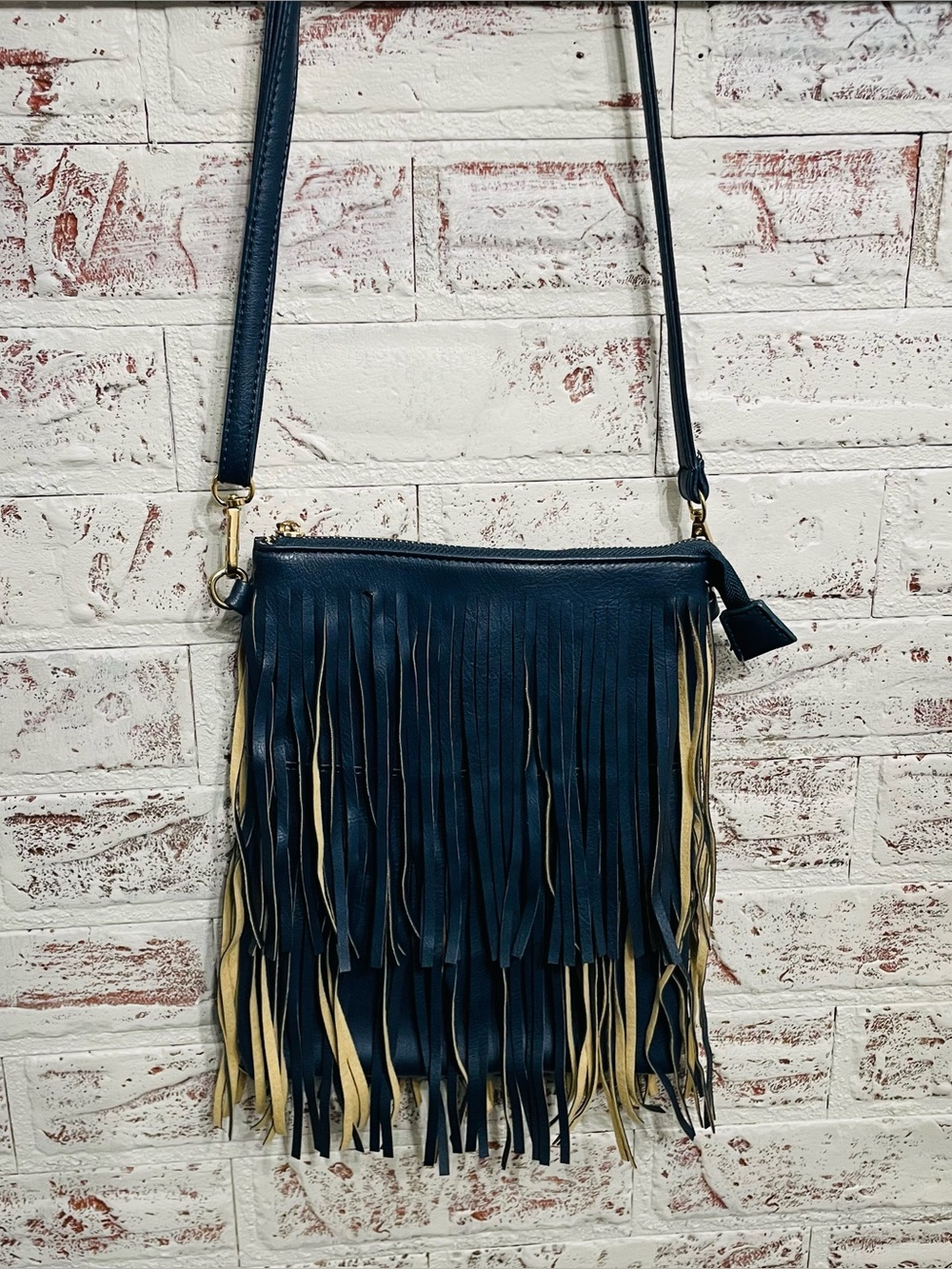 Boho Fringe Crossbody Bag Navy Blue Faux Leather Festival Purse with Gold Accent